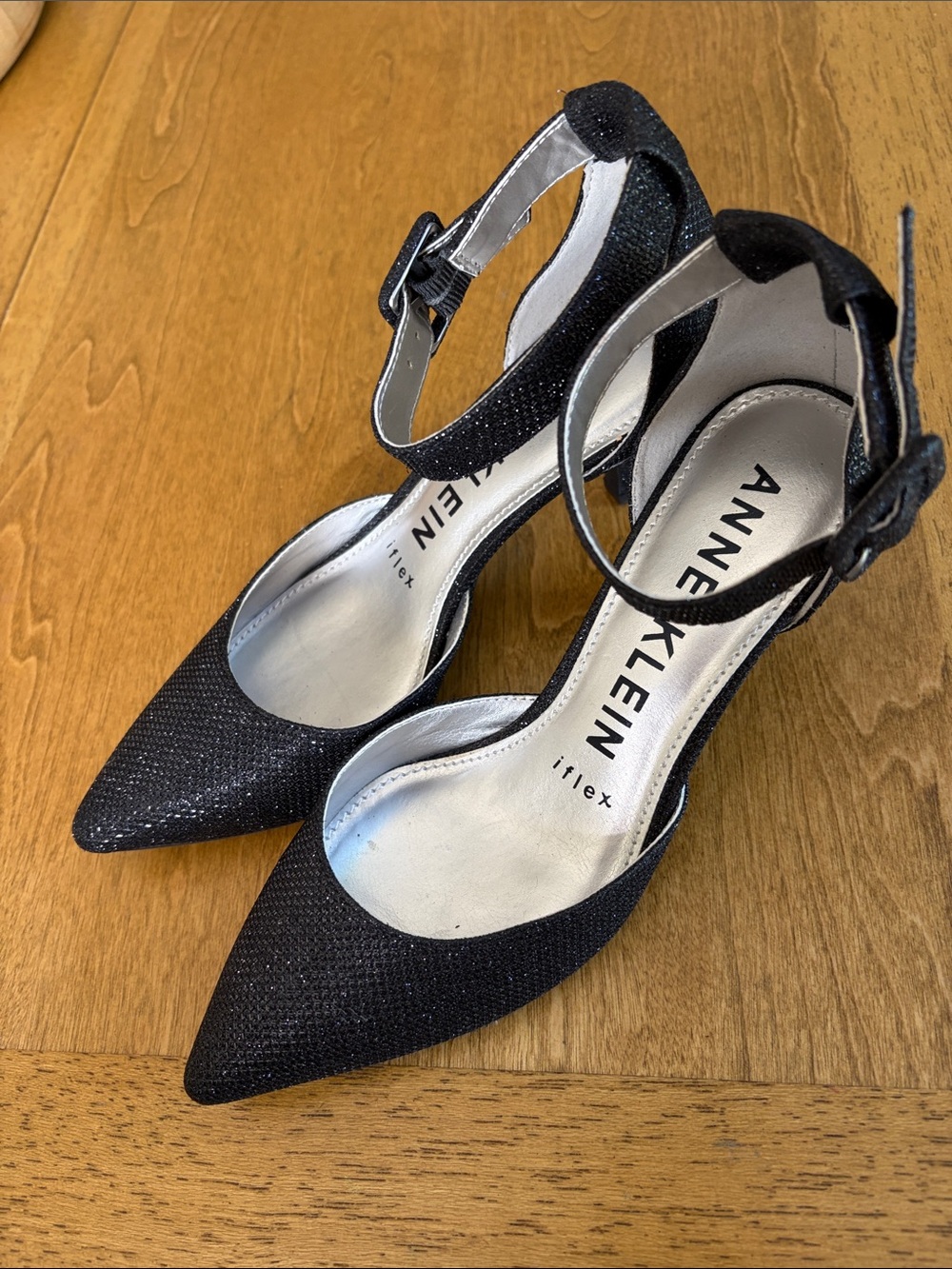 Anne Klein Black Pointed Ankle-Strap Heels